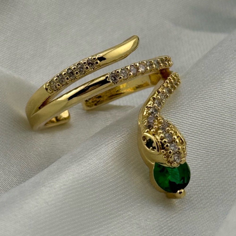 Gold Snake Ring with Green Stone and Pavé Crystals - Picture 9 of 11